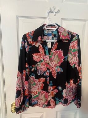 Zara Black Floral Button-Down Shirt with Pink & Green Blooms